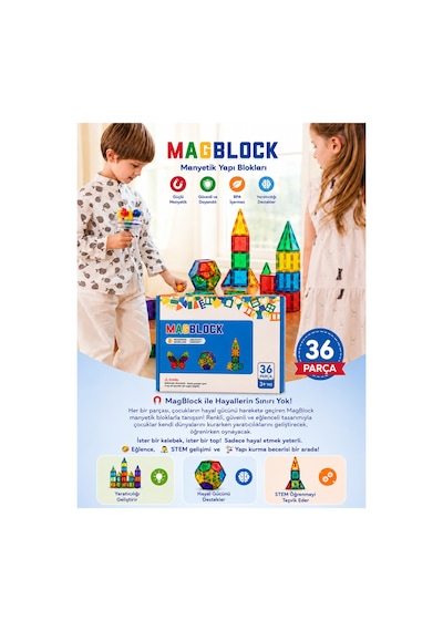 36 Parça Manyetik Yapı Blokları - Tamamı Mıknatıslı - Destekleyici Set - Tüm Modellerle Uyumlu.