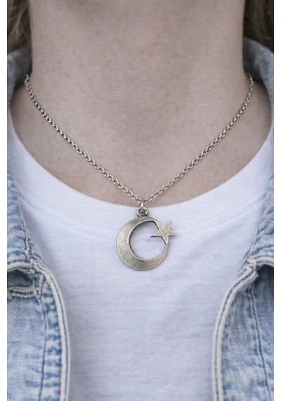 Moon Star Loop Ay Ve Yıldız Figürlü Gümüş Renk Unisex Kolye 60 Cm Çok renkli