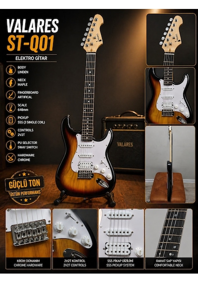 Valares St-q01 Leektro Gitar Üst Seviye Sahne Performansı Full Aksesuar Hediyeli Sunburst