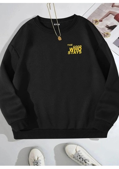 Startmore Siyah Oversize Goog Grace Baskılı Pamuklu Kapşonsuz 0 Yaka Unisex Sweatshirt Siyah