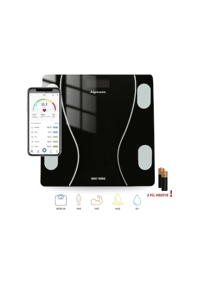 Bigmate BGT-7001S Siyah Wi-Fi Bağlantılı Bluetooth Özellikli Akıllı Tartı