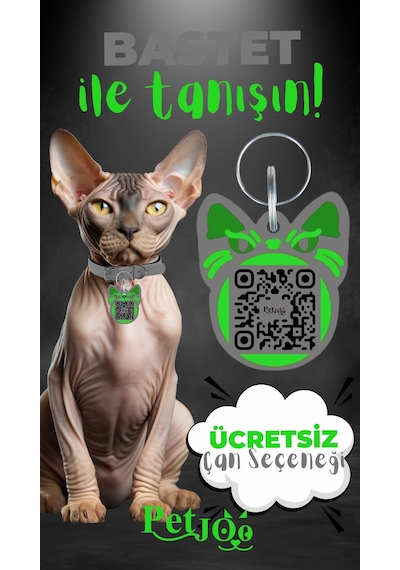 Petjoo 1.Bastet Yeşil-Gri Qr'lı Kedi Künyesi