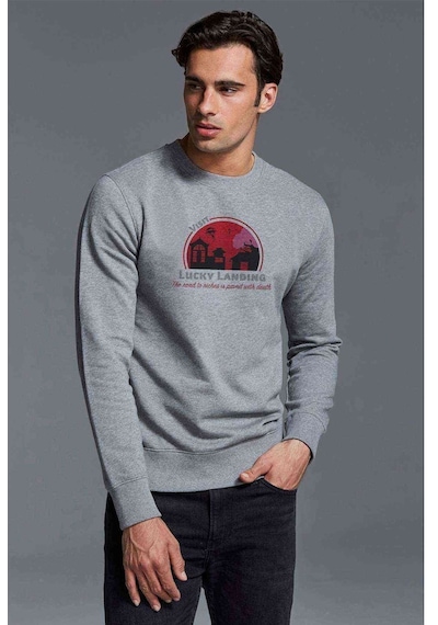 Visit Lucky Landing Baskılı Gri Erkek Örme Sweatshirt