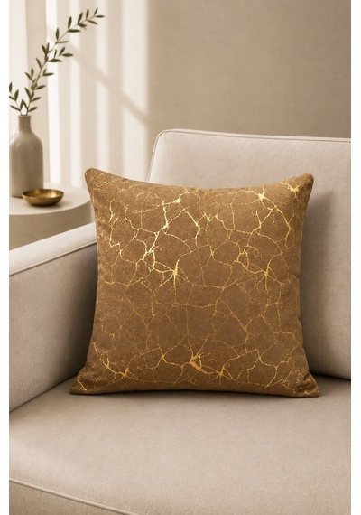 Soho Kumaş Altın Varak Desenli Dekoratif 4'lü Kırlent Yastık Kılıfı Seti 42 x 42 CM Açık Kahverengi