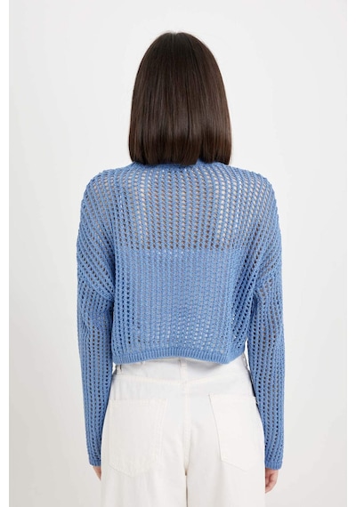 Defacto Regular Fit Bisiklet Yaka Kroşe Ajurlu Delikli Crop Triko Kazak T4513AZ24AUBE113 Mavi