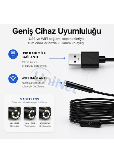 Uninet Iphone Için 10 Metre Wifi Özellikli 3 Kameralı Endoskop Yılan Kamera 1080p Hd