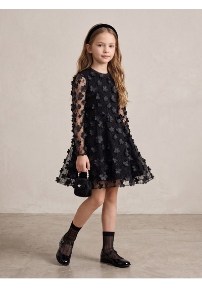Zekids Kız Çocuk Üç Boyutlu Çiçek Aplikeli Simli Tül Abiye Elbise-17592 Siyah