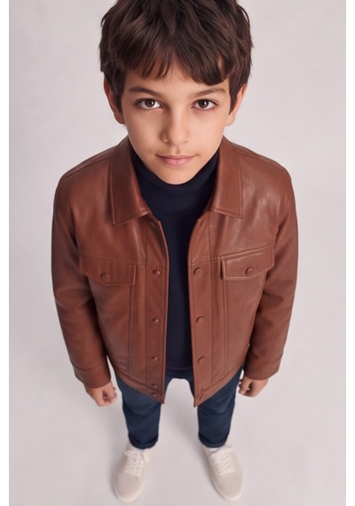 Esila Kids Erkek Çocuk Suni Deri Ceket Düğmeli Cepli Şık Ve Mevsimlik Çocuk Ceketi Kahverengi