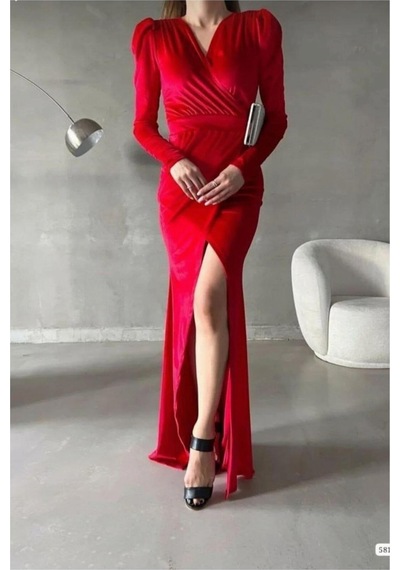 DefyModa Kadın Minimal Kadife Kumaş Kruvaze Yaka Yırtmaçlı Maxi Abiye Elbise Kırmızı