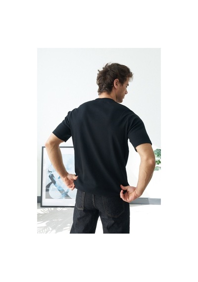 Baselco Premium Henley Yaka Beyaz T-shirt - Rib Dokulu Modern Fit Siyah