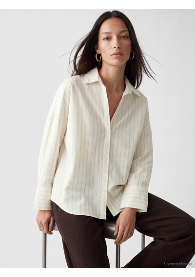 Lcw Everyday Ekru Çizgili Oversize Kadın Gömlek