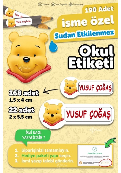 Okul Etiketi Kalem Defter Etiketi Özel Isim Yazılabilen Etiket Winnie The Pooh 190 Adet Beyaz