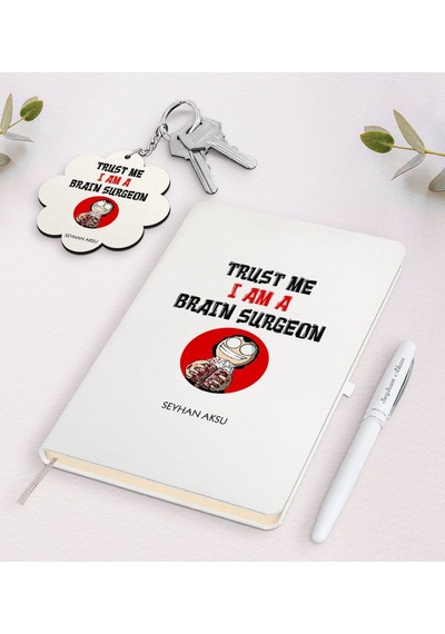 Kişiye Özel Beyin Cerrahı Beyaz Defter Kalem Ve Anahtarlık