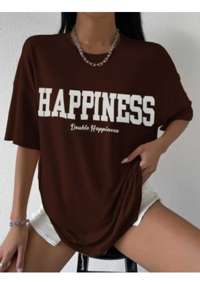 Kozia Outdoors Malkoçbey Happinnes Baskili Oversize Unisex Basic T-shirt Kahverengi
