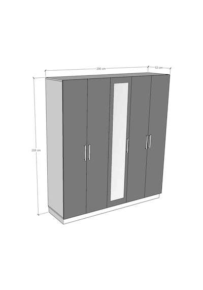 Asra Trend 5 Kapaklı Gardırop G-04 %100 MDF Aynalı 2 Çekmeceli Elbise Dolabı 200 cm Nevada