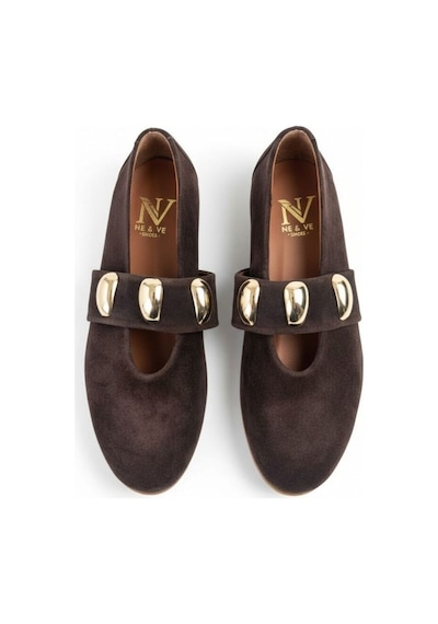 Ne&ve Shoes Kahve Süet Gold Aksesuar Detaylı Lastikli Kadın Şık Ve Rahat Babet Kahverengi