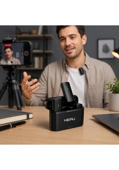 HEPU HP-K10 2.4GHz Kablosuz Mikrofon Seti – Şarj Kutulu iOS/Type-C Uyumlu