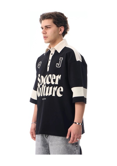 More Black Soccer Culture Baskılı Polo Yaka Premium Oversize Tshirt Kemik