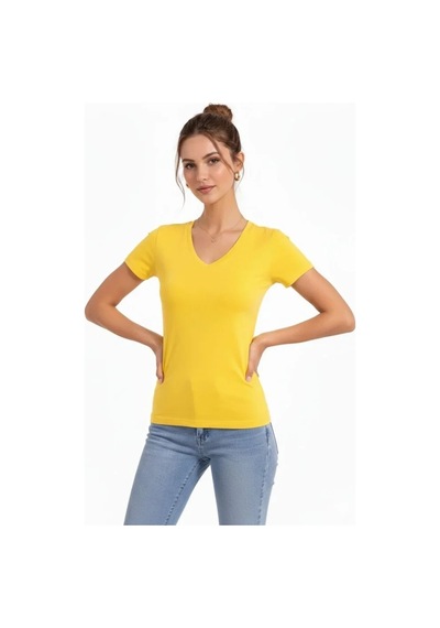 Valensdesign T-shirt V Yaka Slim Fit Likralı Tişört Günlük Basic Body - Sarı
