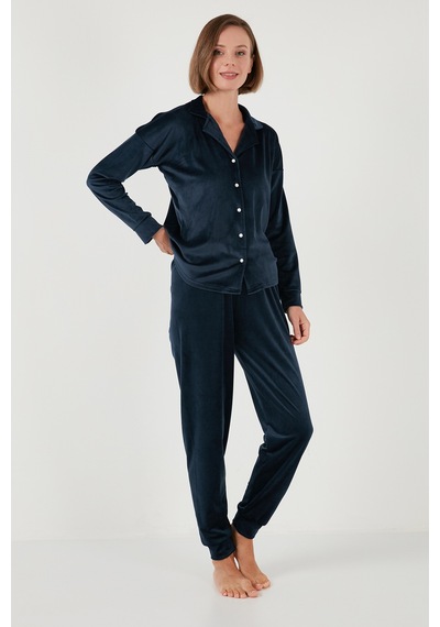 Lela  Regular Fit Parlak Kadife Ribanalı Bayan Pijama Takımı 6097110 Lacivert