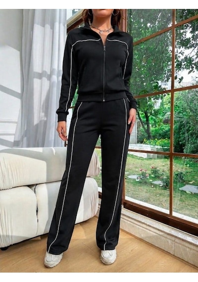 Uzun Kollu Önden Fermuarlı Bluz Ve Pantolon Modal İkili Takım- 61941 2xl/3xl - Siyah Çok Renkli