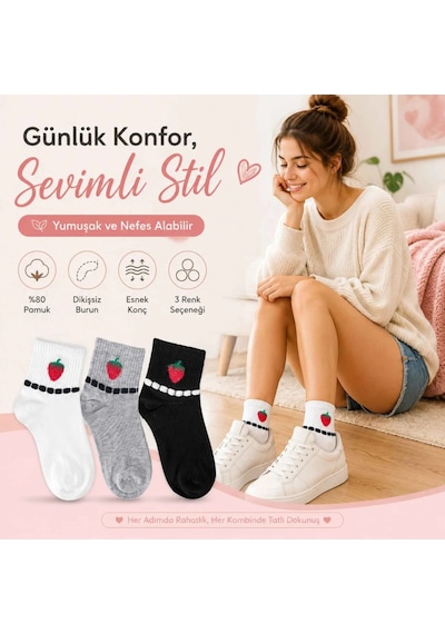 Kadın Çilek Desenli Kısa Konç Çorap 12'li Paket, %80 Pamuklu Dikişsiz Burun, Nefes Alan Yumuşak Bile Diğer