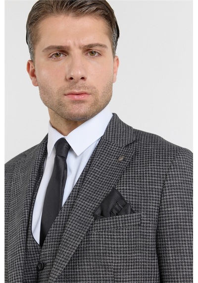 İmza Siyah-antrasit Mono Yaka 6 Drop Slim Fit Tam Astar Keten Karışımlı Takım Elbise 1001260150 Siyah - Antrasit