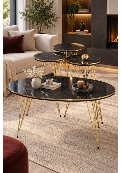 Sulorahome Siyah Ve Gold Metal Tel Ayaklı 4'lü Sehpa Seti Siyah - Altın