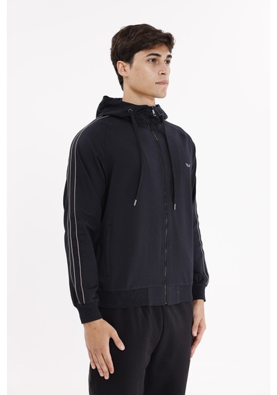 Rowinger Çift Şerit Kol Detaylı Tam Fermuarlı Cepli Rahat Kalıp Ayarlanabilir Kapüşonlu Sweatshirt Black