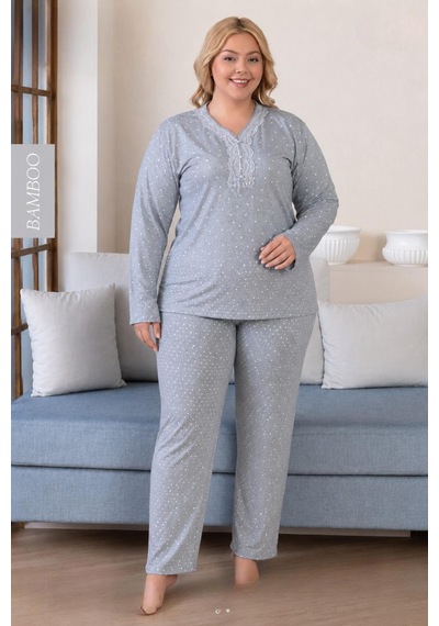 Derya Kadın Büyük Beden Dantel Yaka Bambu Uzun Kol İnce Pijama Takımı 8116g - 1 Adet Gri