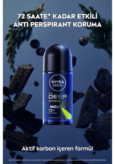 Men Erkek Roll-on Deodorant Deep Extreme 50ml, 72 Saat Anti-perspirant Ter Koruma, Yeni Enerji