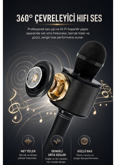 Bluetooth Karaoke Mikrofon Kablosuz Hoparlörlü Mikrofon Usb Şarjlı Telefon Uyumlu