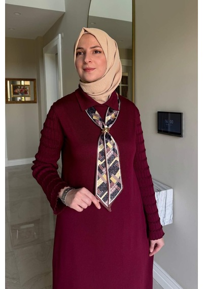 Rabia Şamlı Şölen Fularlı Triko Elbise Bordo Normal