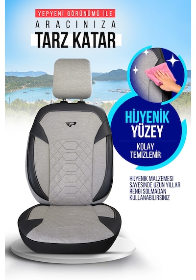 Bej - Siyah Panda Bremen Serısı Keten Kumaş Oto Koltuk Kılıfı - Tam Set