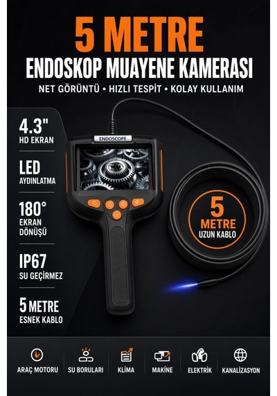 5 Metre Endoskop Yılan Kamera Ip67 Su Geçirmez 4.3"hd Ekranlı Ledli Tek Kameralı
