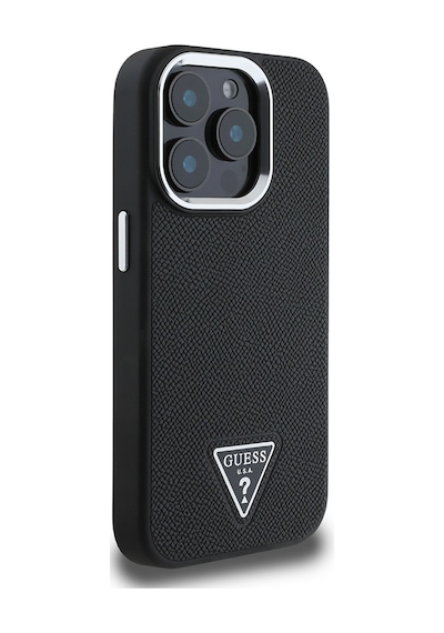 Apple Uyumlu iPhone 15 Pro Max Kılıf Guess Lisanslı M-safe Şarj Özellikli Grained Triangle Kapak Siyah