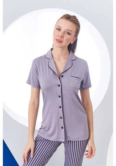 Pjs 24156 Kadın Çizgili Düğmeli Pijama Takım 001