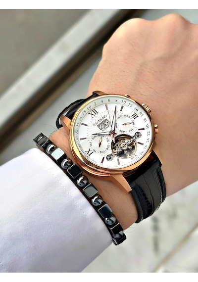 Raymond Özel Seri Otomatik Diplomat Klipsli Deri Kordon Erkek Saati Rose Gold