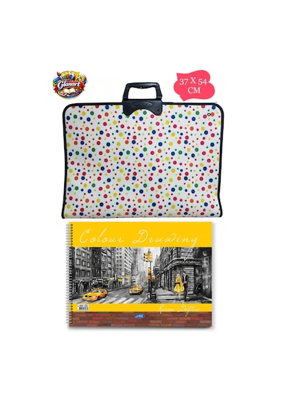35x50 Cm Resim Çantası + 35x50 Resim Defteri Askılı - Fermuarlı Puantiyeli Desen