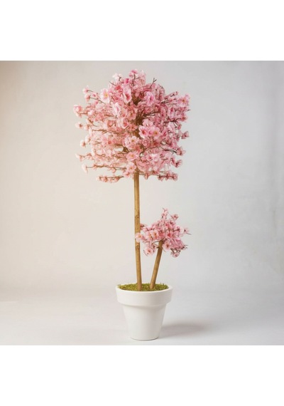 Luxdecor Yapay Sakura Ağacı - Pembe Bahar Esintisi 130 Cm Beyaz Plastik Saksı Pembe