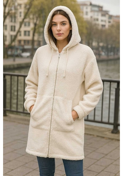 Tenra Kadın Peluş Mont Kapüşonlu Geniş Kalıp Krem Krem