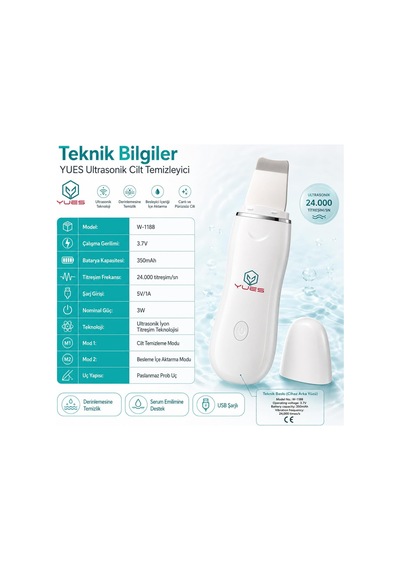 Ultrasonik Cilt Temizleyici Skin Scrubber W-1188, Siyah Nokta Ve Gözenek Temizleme Cihazı, 24.000 Titreşim/sn, 2 Modl