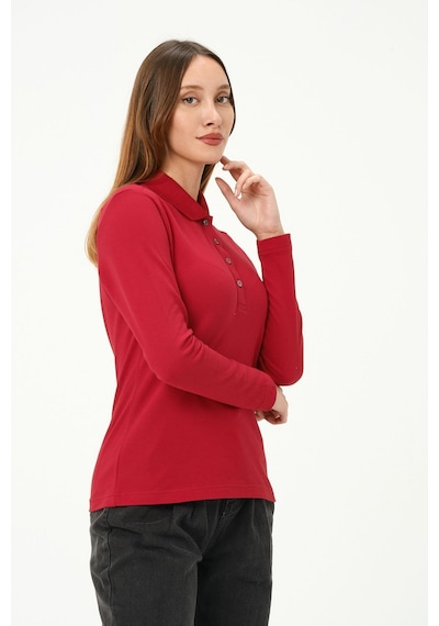Msw Kadın Uzun Kollu Regular Fit Polo Yaka T-shirt Kırmızı