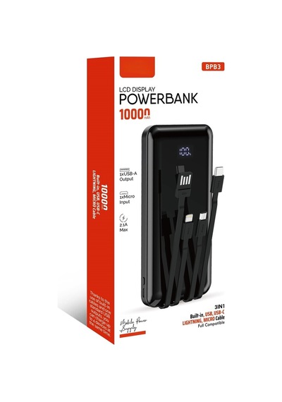 10.000 Mah Çoklu Kablolu Dijital Gösterge Powerbank Şarj Aleti 1x Usb Çıkışlı Powebank Siyah