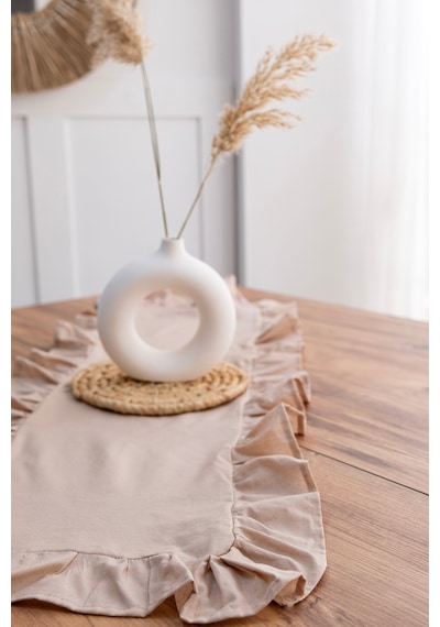 Naturel Kahve Fırfırlı Keten Runner - 40x110 Cm Kahverengi