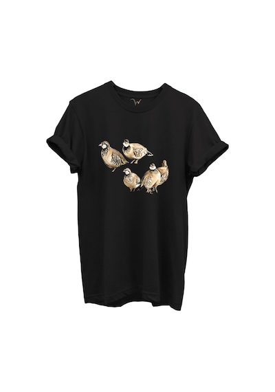Beşli Keklik Baskılı Doğa Ve Av Temalı %100 Pamuk Regular Fit Unisex T-shirt Siyah