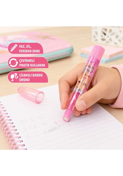 Bakgelal Lisanslı Barbie Kalp Uçlu Çevirmeli Kalem Silgi Kapaklı Okul Kırtasiye Ürünü - 9047731204780