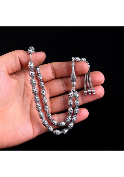 Tesbihsepetim Tamamı 925 Ayar Gümüş Arpa Kesim Fizyon Model Tesbih Gri