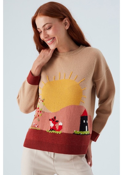 Peraluna Sunny Pullover El İşlemeli Desenli Kadın Triko Kazak Bej/kahve-çok Renkli Çok Renkli