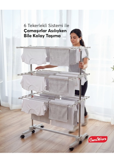 Home Lite Premium 3 Katlı Çamaşırlık Made in Korea Tekerlekli Çamaşır Kurutmalık Eco Gri